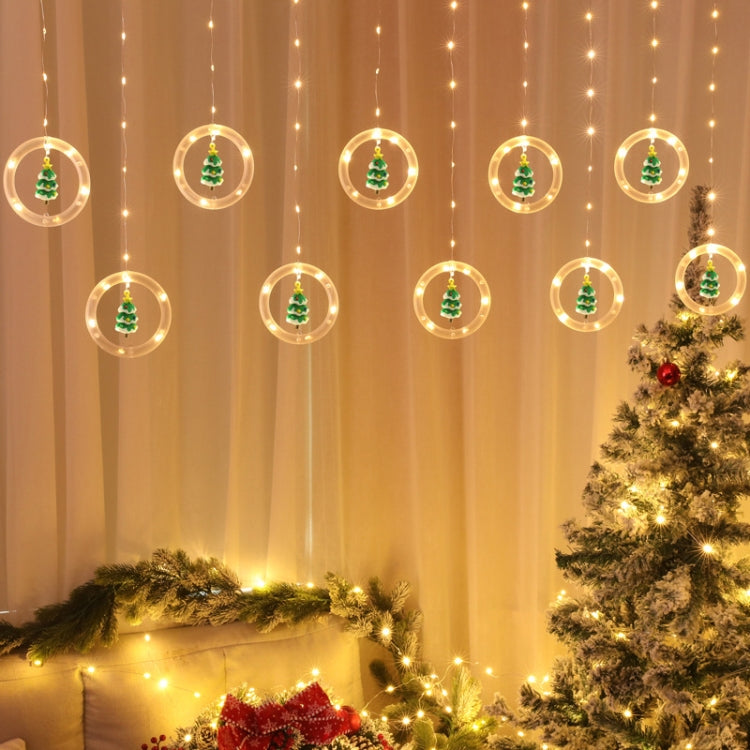 Warm white USB ring Christmas lights with green tree ornaments and glowing loops