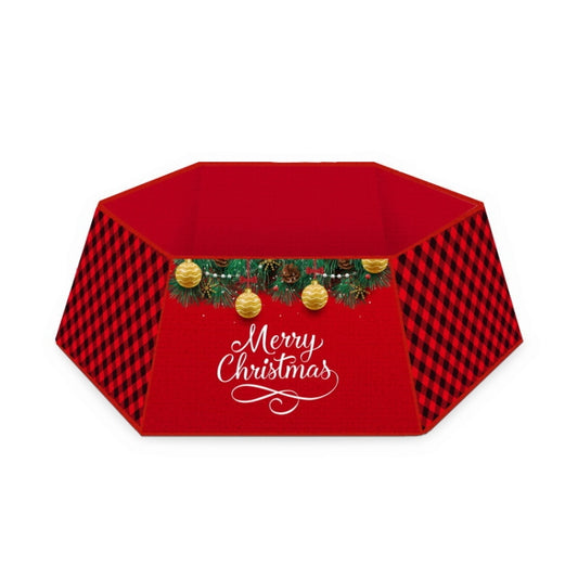 Red Christmas tree skirt with garland ornaments and Merry Christmas script on front