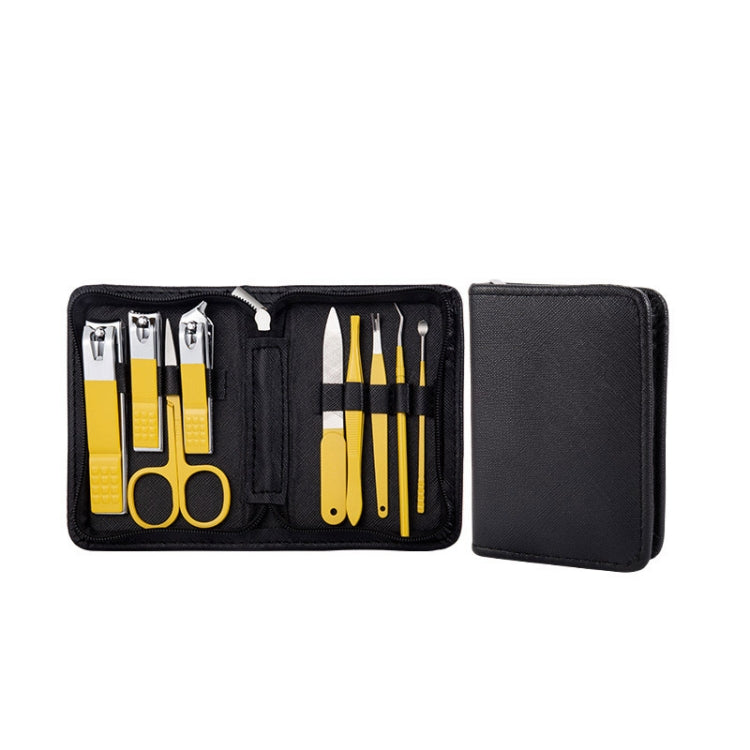 Nail clipper manicure tool set in black case with yellow-handled tools and scissors