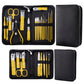 Nail clipper manicure tool set with yellow-handled tools in open black organizer case