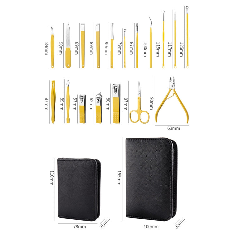 Nail clipper manicure tool set with black case, shown with tool sizes and case dimensions