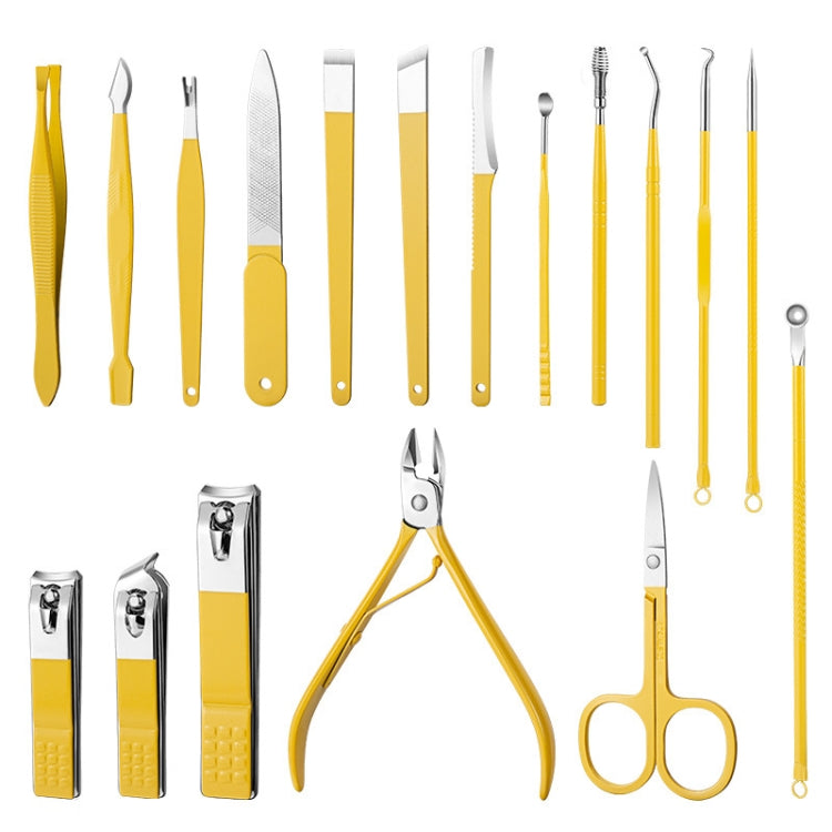 Manicure tool set with assorted yellow-handled nail care tools and metal attachments