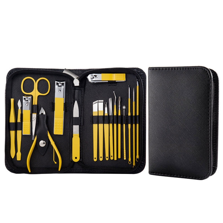 Nail clipper manicure tool set in black case with yellow-handled precision tools