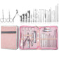 Manicure tool set in pink zip case with silver tools and metal nail-care implements