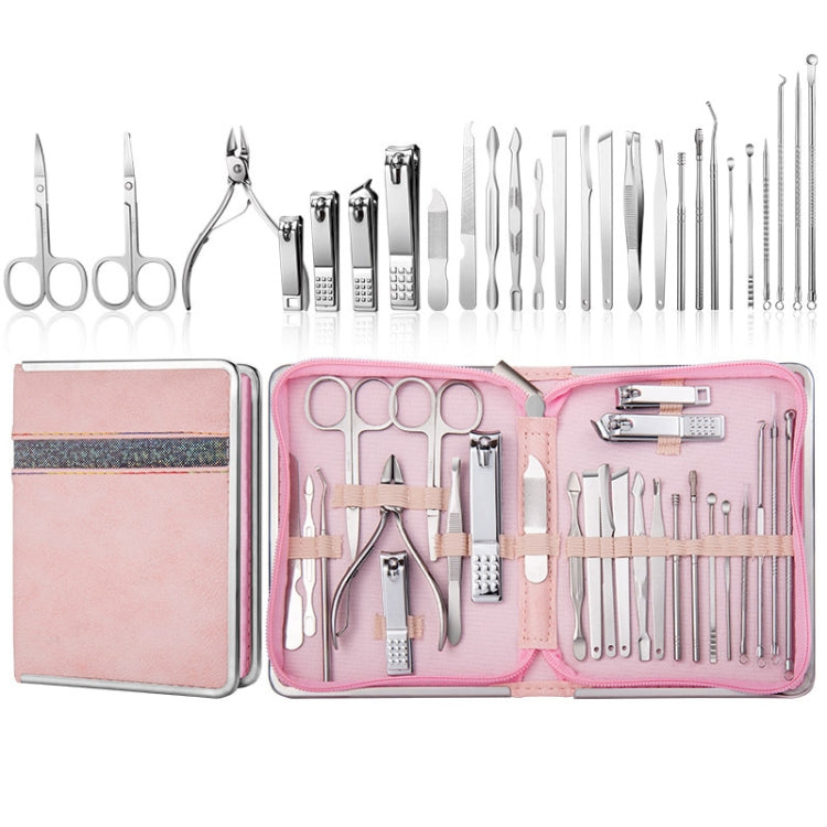 Manicure tool set in pink zip case with silver tools and metal nail-care implements