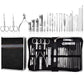 Manicure tool set with silver tools in black case, shown open with compartments
