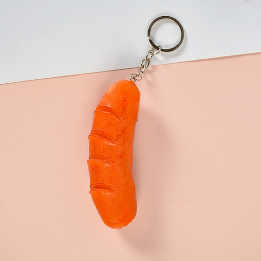 Orange hot dog-style vegetable keychain pendant with metal key ring