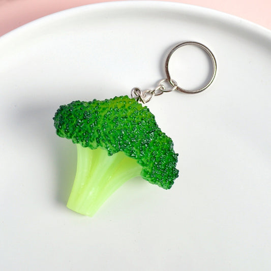 Green broccoli vegetable keychain pendant with metal key ring