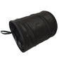 Foldable black trash bin with loop handle, cylindrical storage shape.
