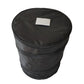 Foldable black car trash bin top view with white label patch.
