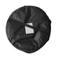 Foldable black trash bin with zipper closure and white label patch.