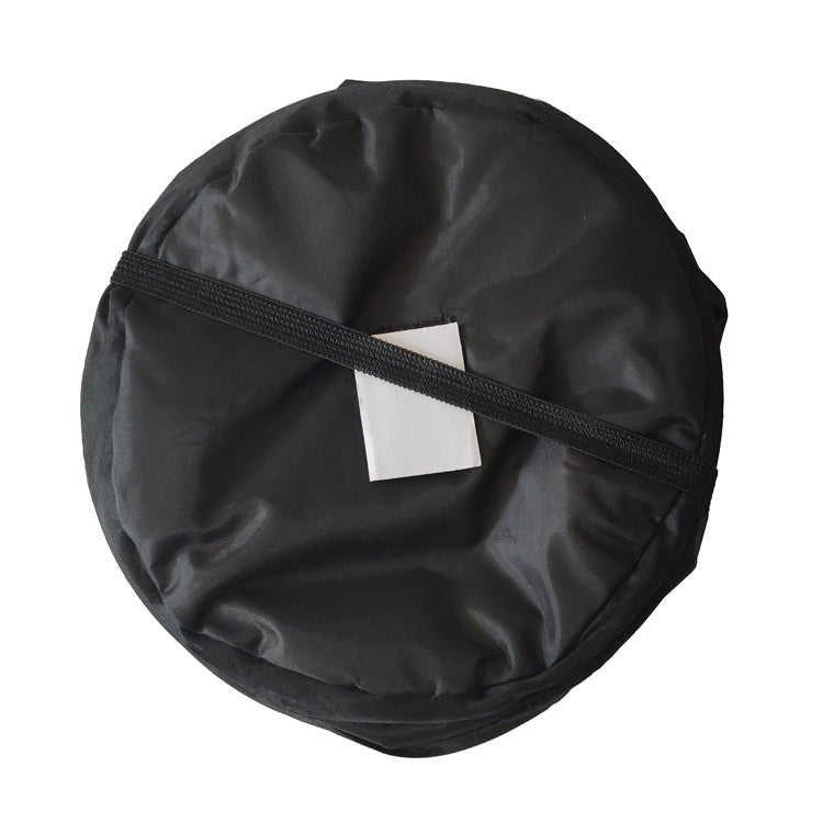 Foldable black trash bin with zipper closure and white label patch.