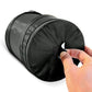Foldable black car trash bin with reinforced sides, close-up of pull tab.