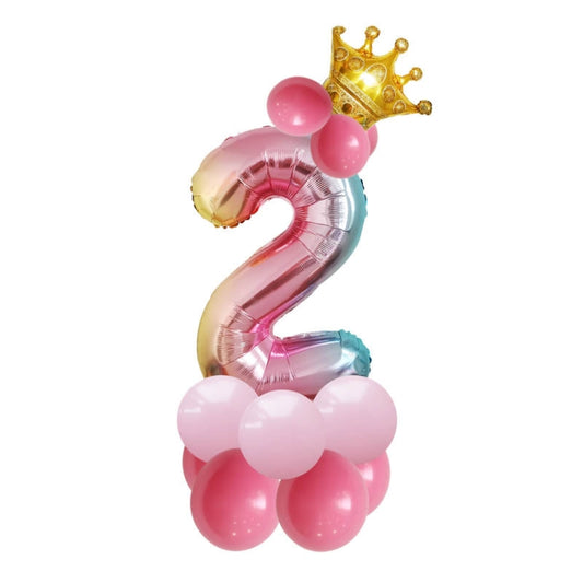 Birthday balloon set with gold crown, pink balloons, and silver gradient number 2