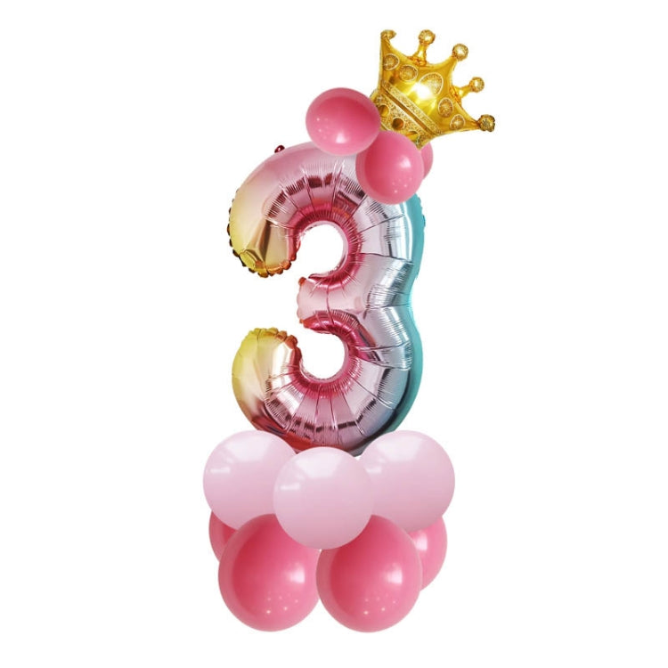 Birthday balloon set with gold crown, pink balloons, and silver gradient number 3