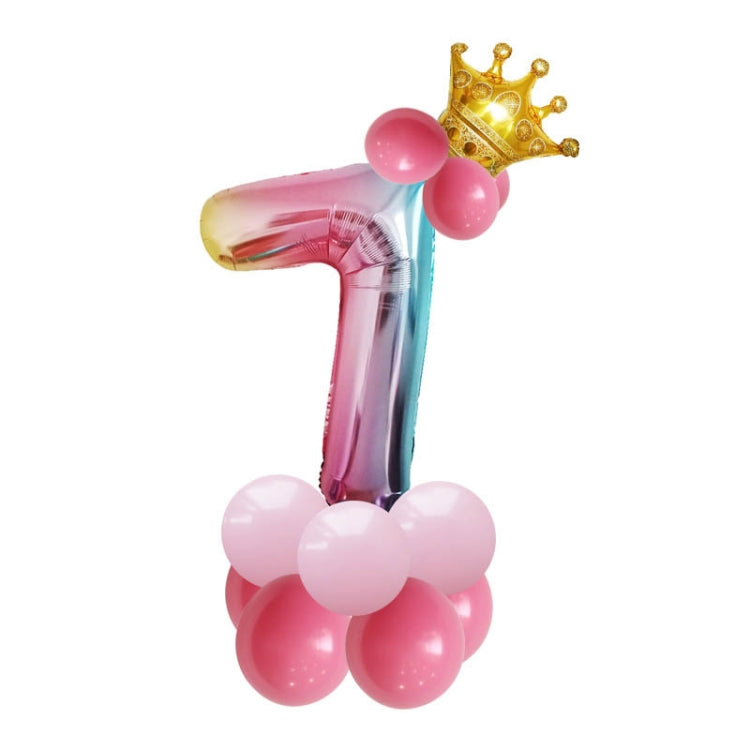 Birthday balloon set with gold crown, pink balloons, and silver gradient number 7