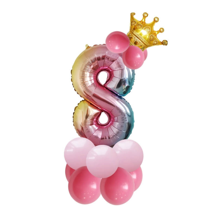 Birthday balloon set with gold crown, pink balloons, and silver gradient number 8