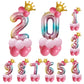 Pink birthday number balloon set with gold crown toppers and gradient foil balloons
