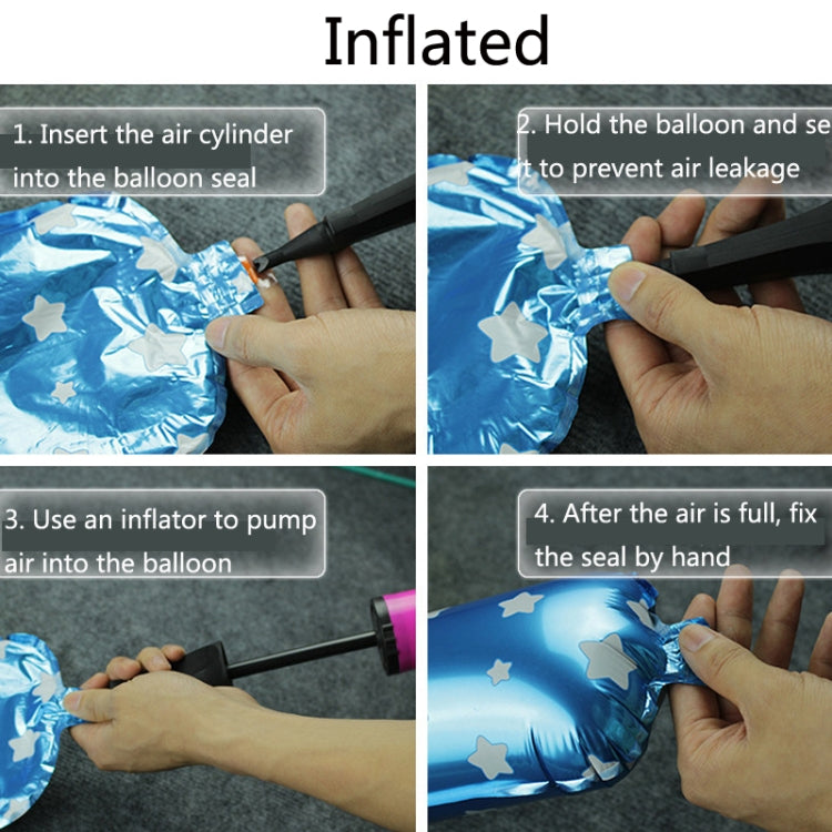 Hands inflating a foil birthday balloon with air pump and sealed valve