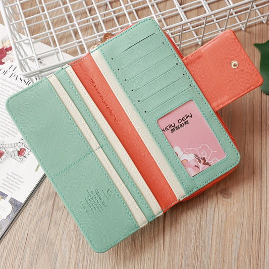 Two-fold long zipper wallet with mint green exterior and multiple card compartments inside.