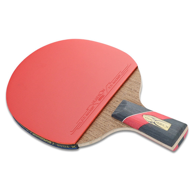 Table tennis racket with red rubber face and light wood handle, HUIESON branding