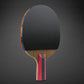 Table tennis racket showing black rubber face with colorful edge trim and wood blade
