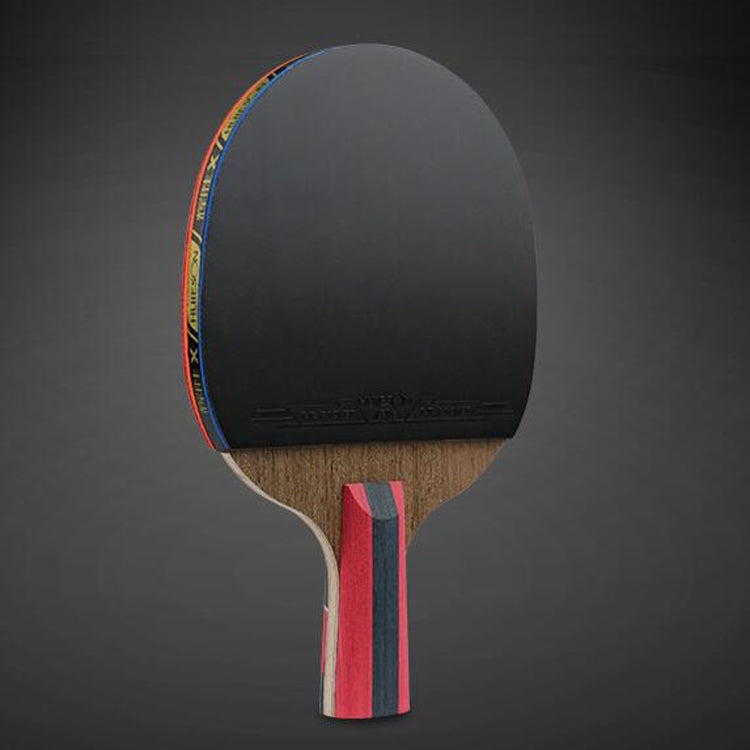 Table tennis racket showing black rubber face with colorful edge trim and wood blade