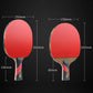 Table tennis racket with red rubber face and multi-color grip accents, wood blade