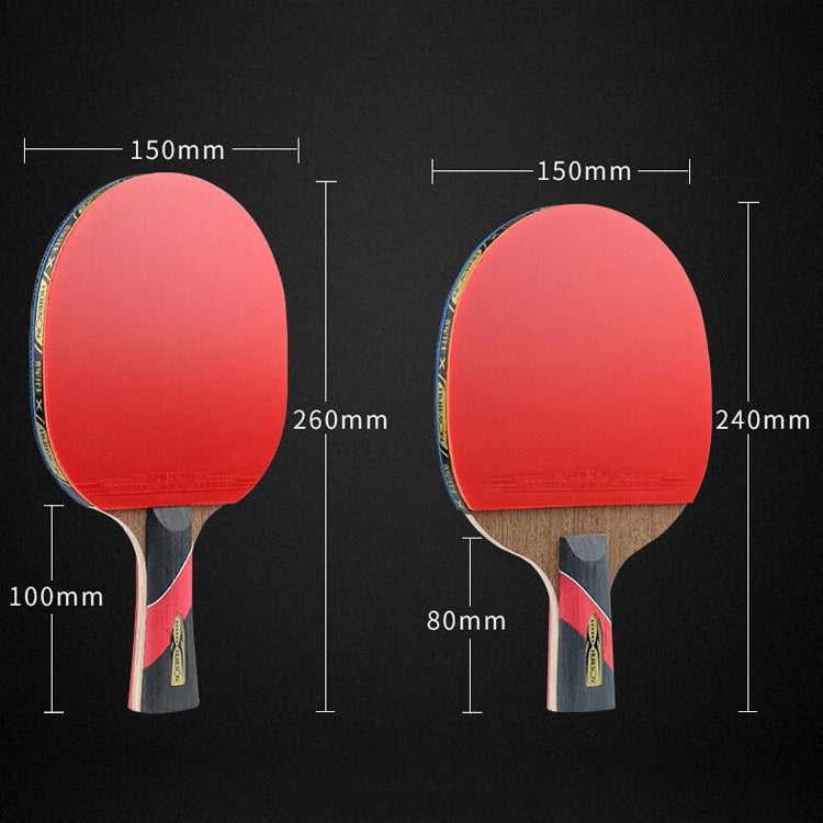 Table tennis racket with red rubber face and multi-color grip accents, wood blade