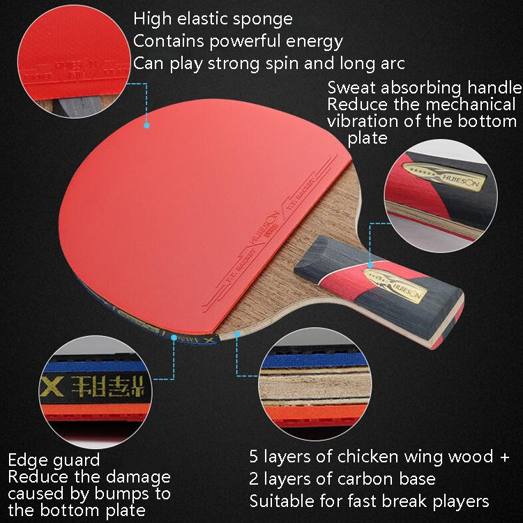 Table tennis racket with red rubber face, layered blade look, and cushioned handle