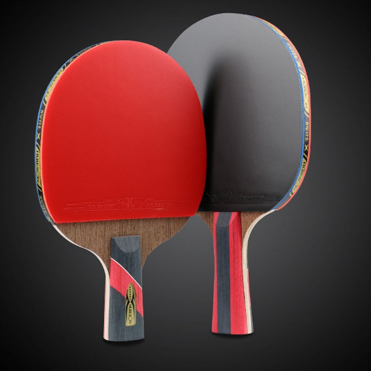 Two-sided table tennis racket with red front, black reverse, and striped grip