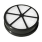 Circular HEPA vacuum filter with black frame and pleated white media