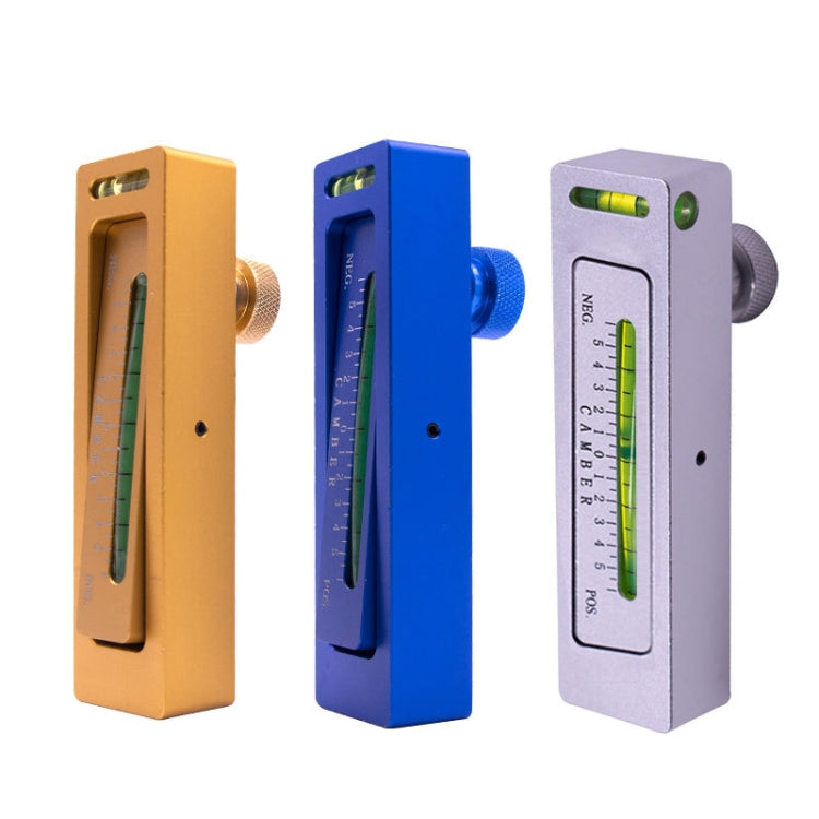 Camber adjustment level tool in orange, blue, and white with green bubble vials
