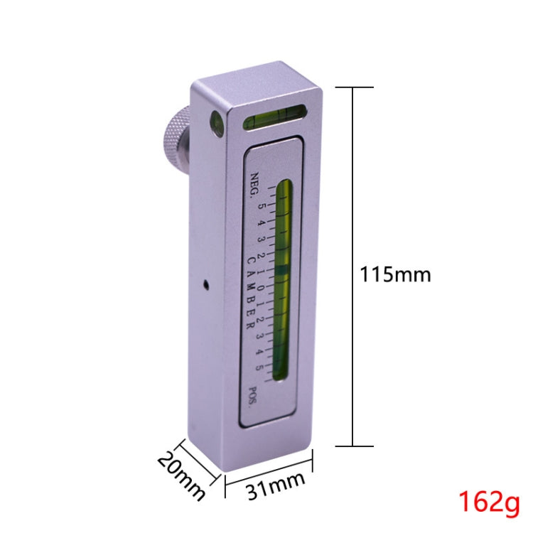 White camber adjustment level tool with green vial and labeled scale window, 115mm