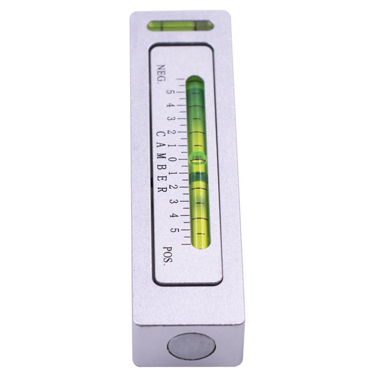 White camber adjustment level tool with green bubble vial inside marked scale window