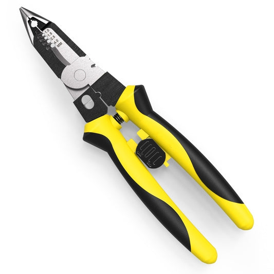 Multi-function wire stripping pliers with yellow-and-black handles and metal stripping jaws