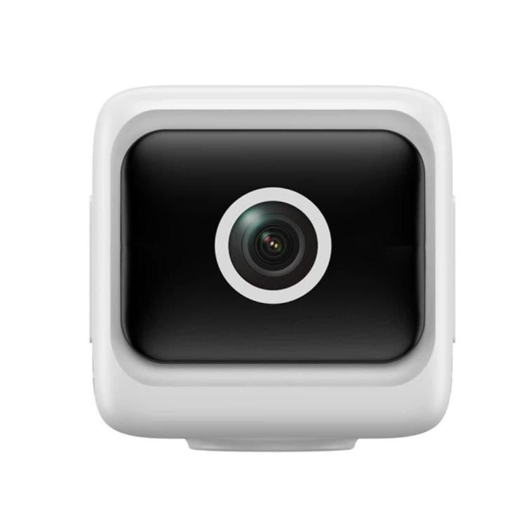 Mini wireless battery-powered camera, white front view with circular lens ring