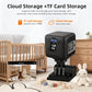 Mini wireless battery-powered camera on stand showing 128 GB and storage graphics