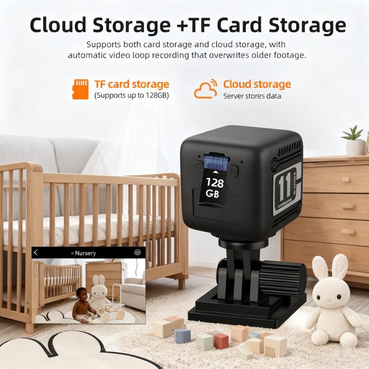 Mini wireless battery-powered camera on stand showing 128 GB and storage graphics