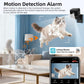 Mini wireless battery-powered camera with app screen preview and motion detection graphic