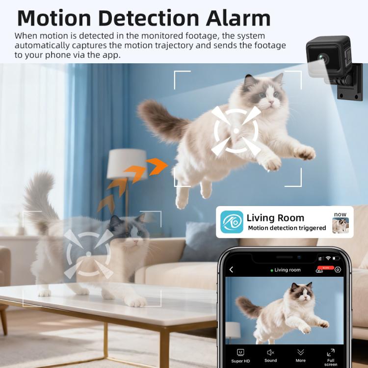 Mini wireless battery-powered camera with app screen preview and motion detection graphic