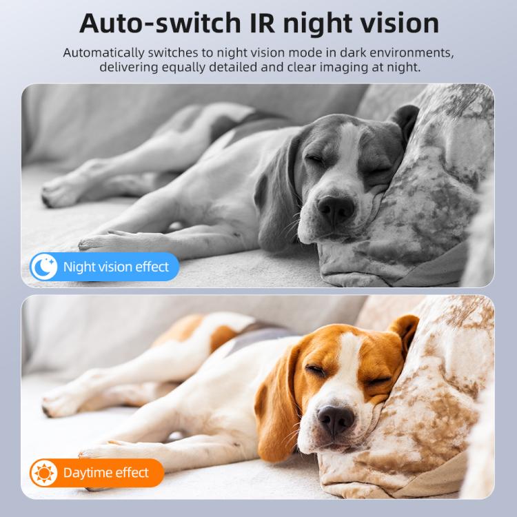 Mini wireless battery-powered camera shown in IR night vision infographic with dogs