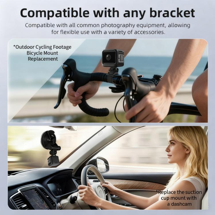 Mini wireless battery-powered camera on a bike handlebar mount in compatibility infographic