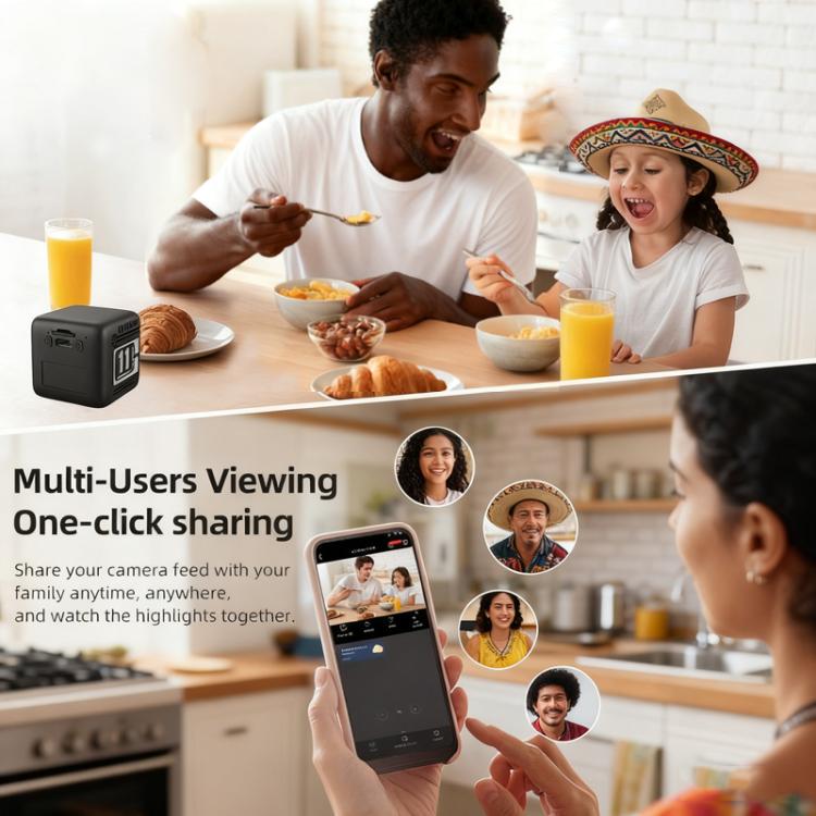Mini wireless battery-powered camera on tabletop in a multi-user viewing scene