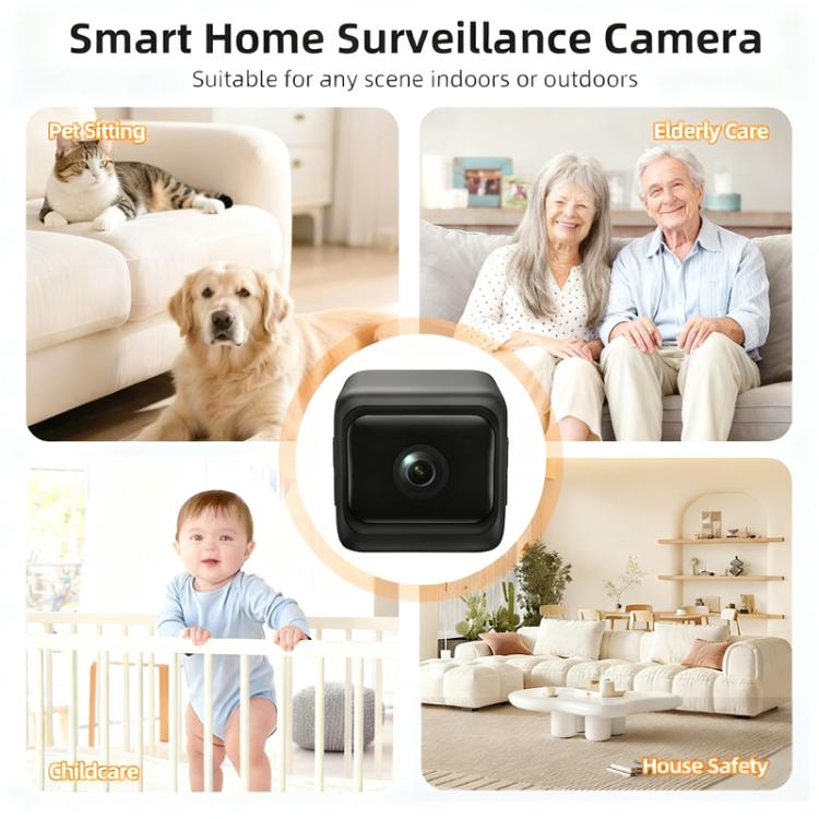 Black wireless battery-powered mini camera with square lens housing