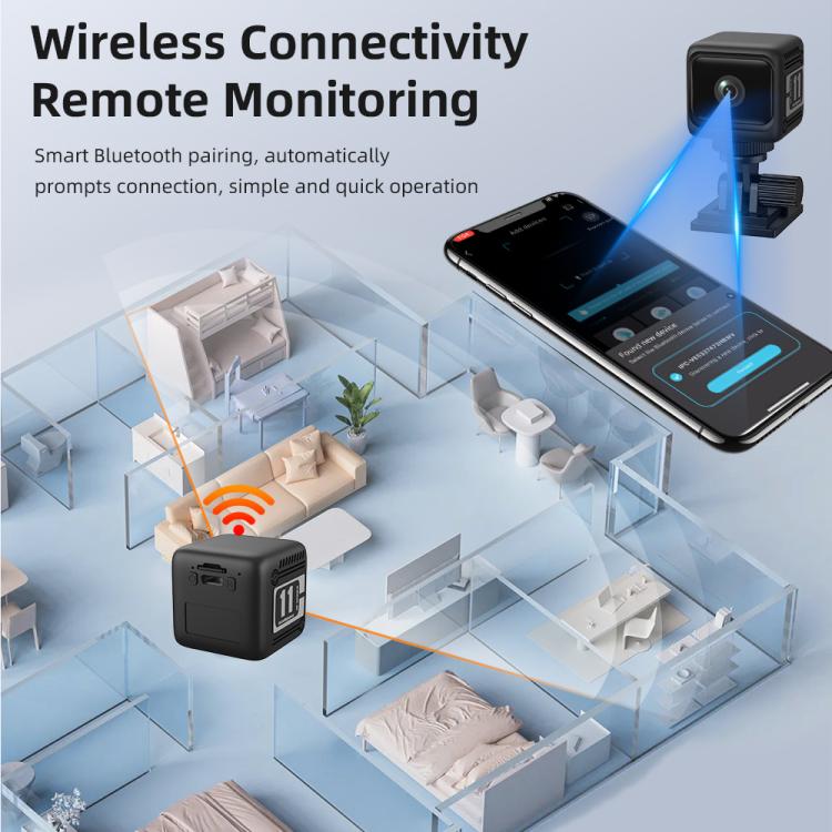 Black battery-powered mini security camera with built-in wireless antenna