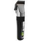 Rechargeable hair clipper in silver and black with hinged blade guard