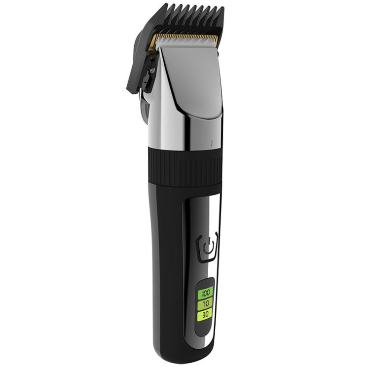 Rechargeable hair clipper in silver and black with hinged blade guard