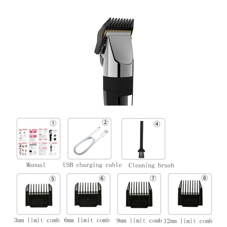Rechargeable hair clipper kit with 3mm, 6mm, 9mm, and 12mm comb guards