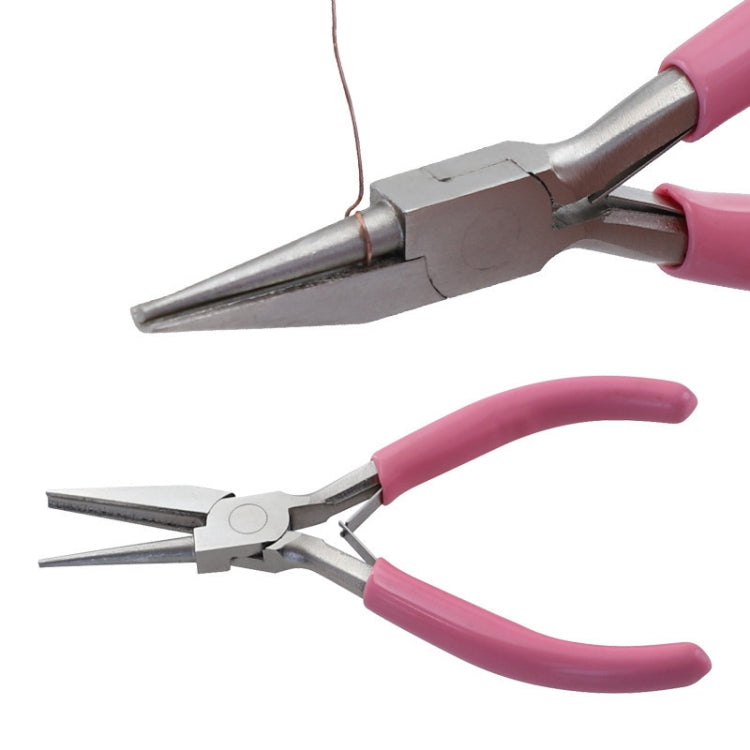 Pink-handled wire winding pliers with tapered semi-round jaws, angled view